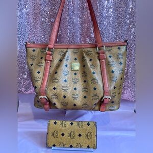 MCM Tan and Brown Tote Bag with Red Accents